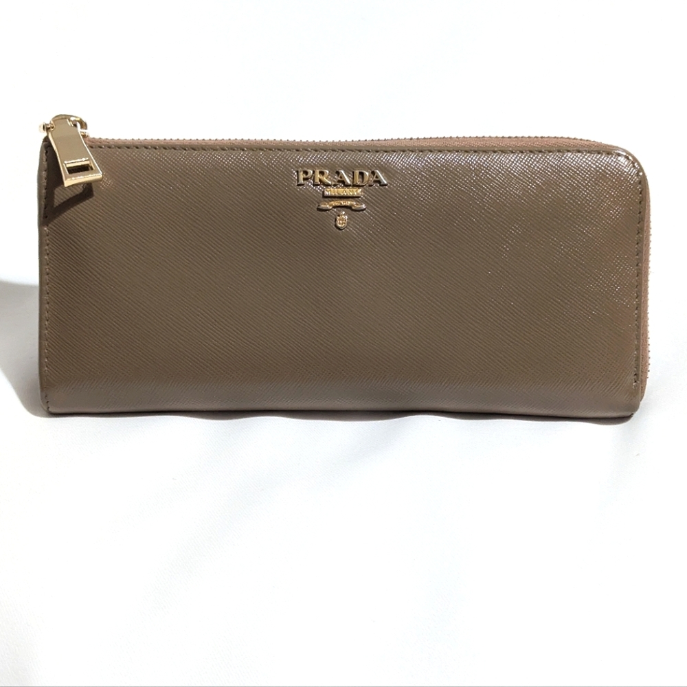 Prada Tan Saffiano Leather Half Zip Continental Wallet Vintage